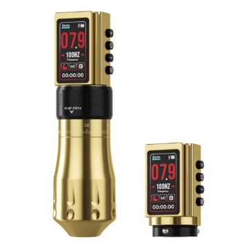 CNC E400 Gold tattoo machine with digital display and controls.