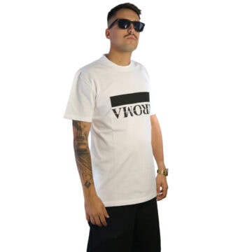 Men's white T-shirt with black logo, casual style for tattoo artists.