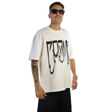 Men's white T-shirt with bold Croma lettering and casual style.