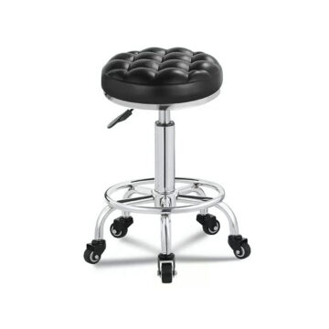 Adjustable hydraulic tattoo stool with cushioned seat and wheels.