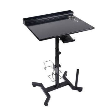 Tattoo workstation with adjustable height and storage shelves for tattoo supplies.