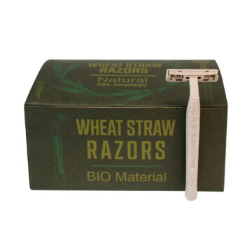Eco-friendly wheat straw razors in green packaging for sustainable grooming.