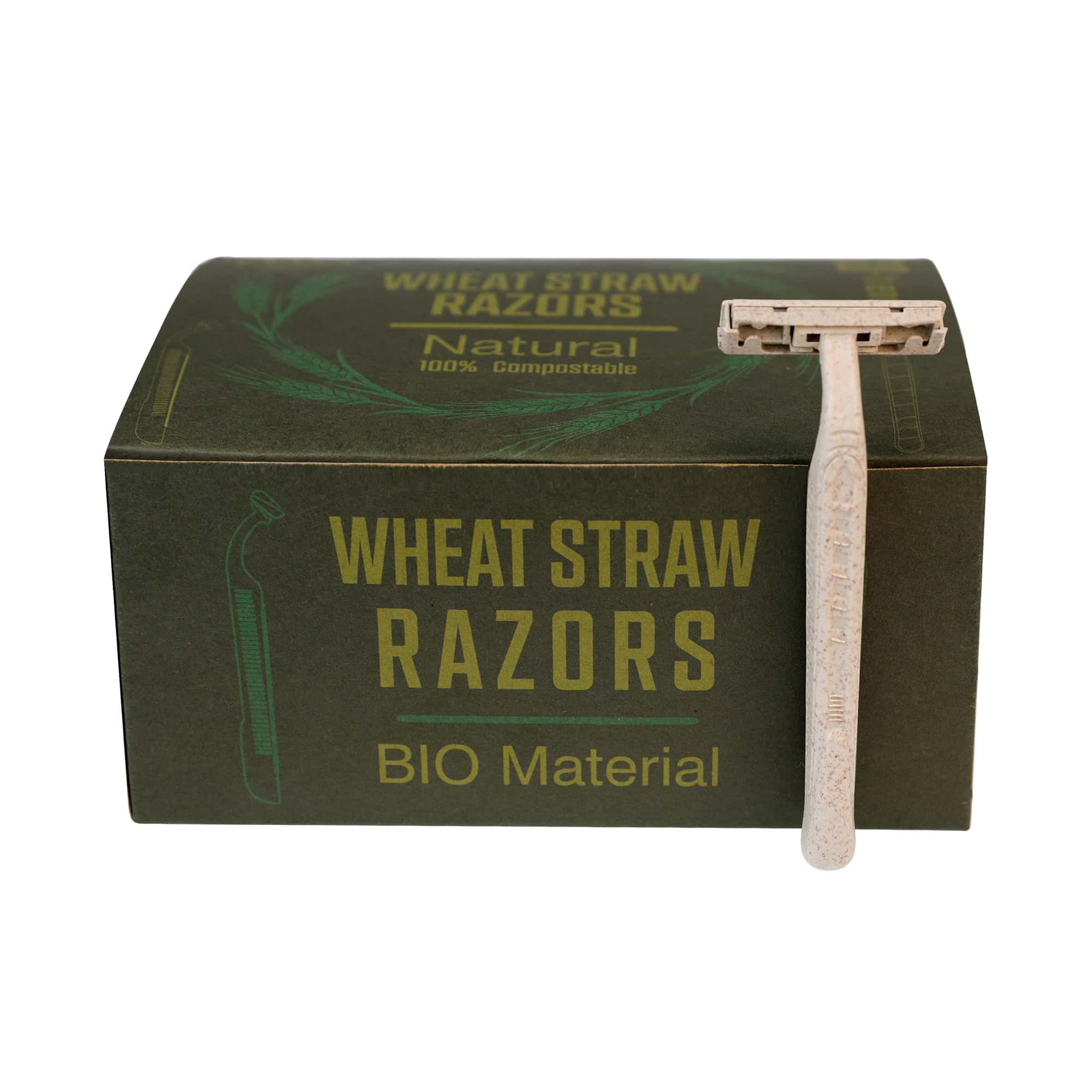 Eco Friendly Blades 1 Eco-friendly wheat straw razors in green packaging for sustainable grooming.
