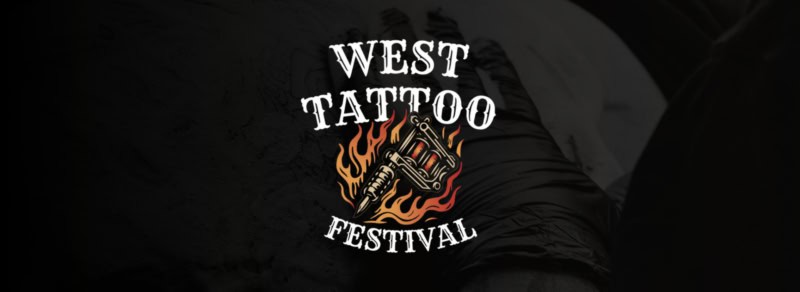 West Tattoo Festival logo with flames and tattoo gun.