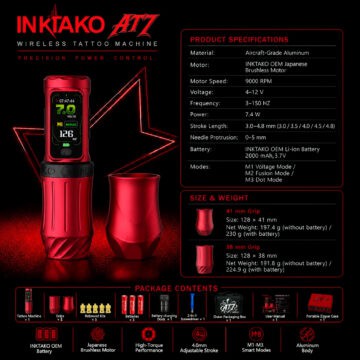 Inktako AT7 11 INIKTAKO AT7 wireless tattoo machine with red grip and accessories.