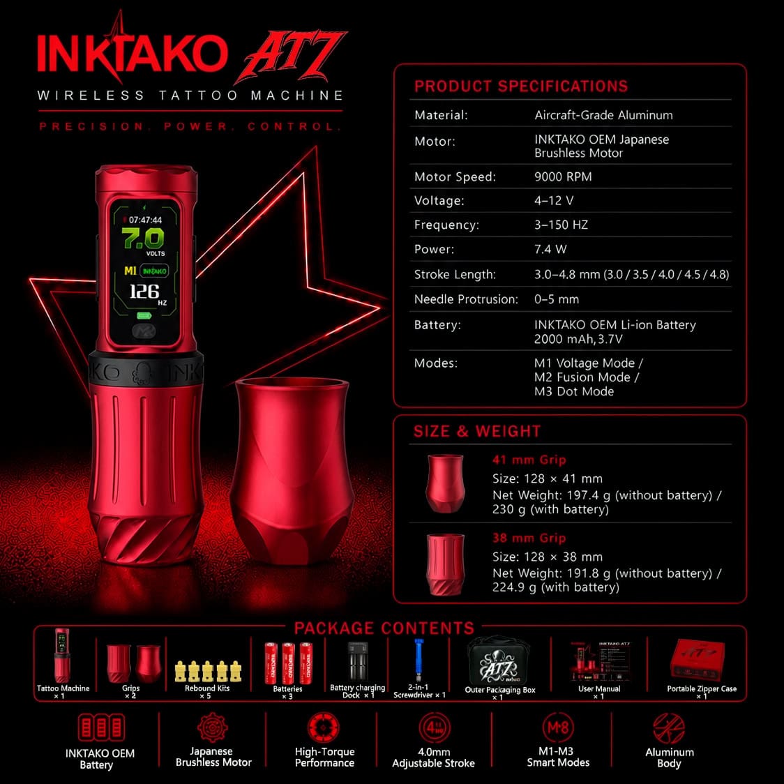 Inktako AT7 6 INIKTAKO AT7 wireless tattoo machine with red grip and accessories.