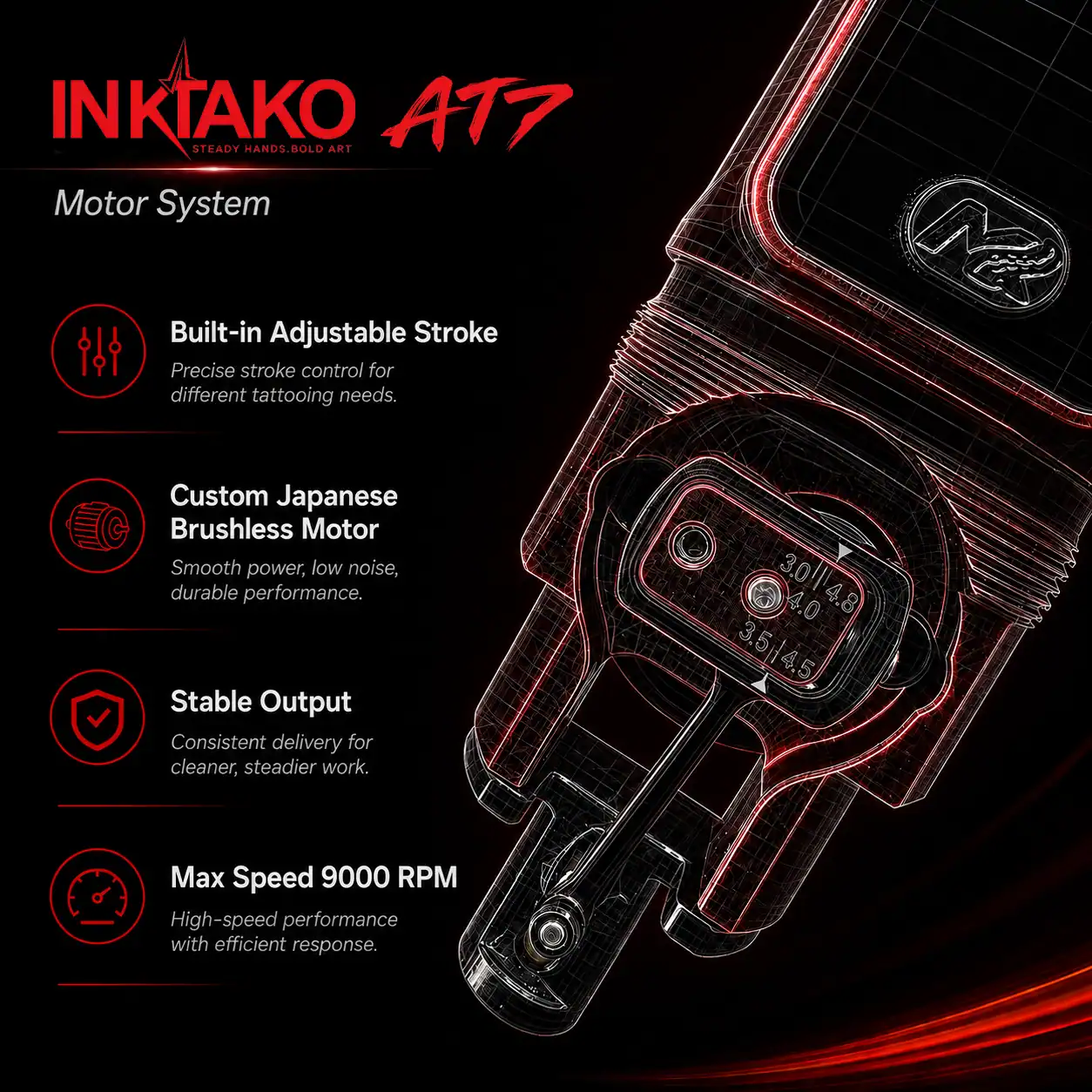 Inktako AT7 5 Intako AT7 tattoo machine motor system with adjustable stroke and Japanese brushless motor.