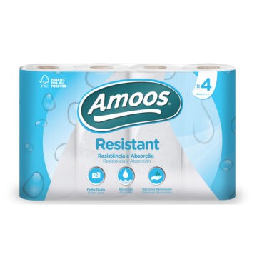 Amoos resistant paper towels pack with 4 rolls for cleaning and absorption.