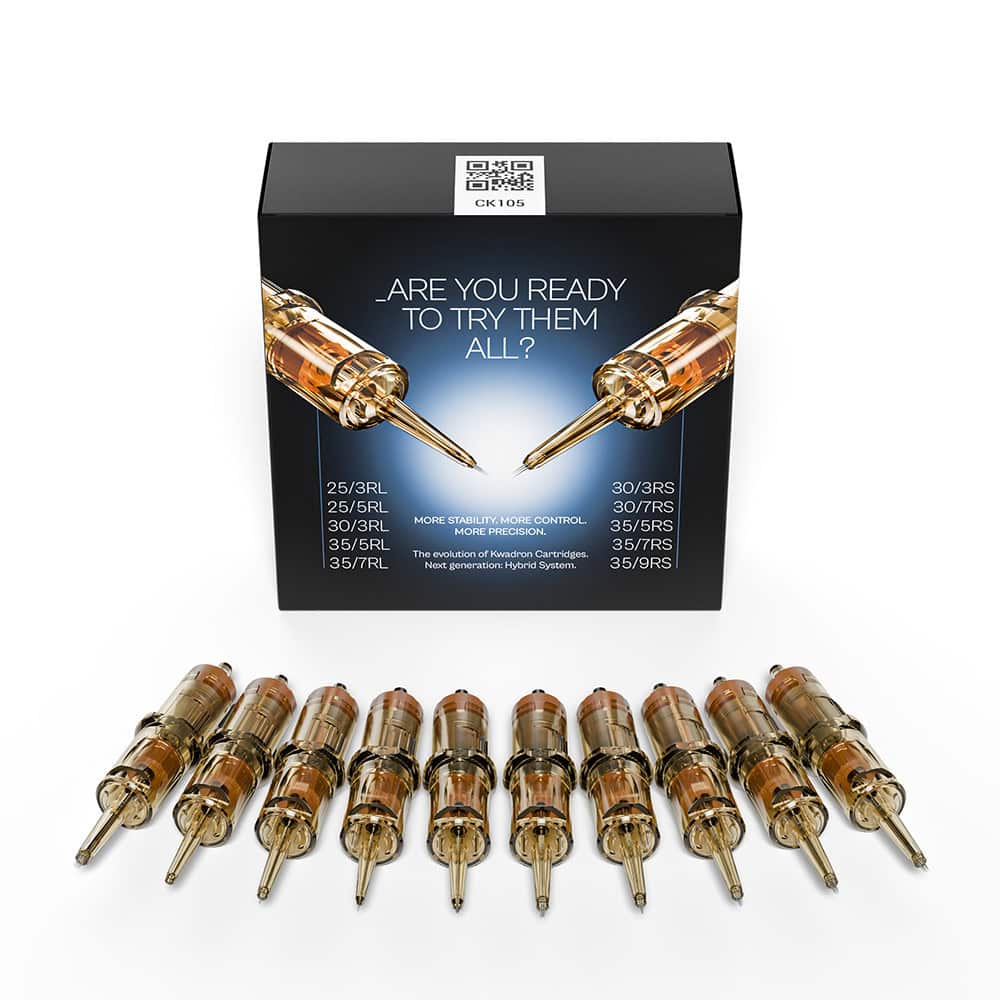 Kwadron Top10 Hybrid Pack Cartridges 4 Tattoo cartridges in box with multiple sizes for professional tattooing.