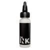 White tattoo ink bottle with black label and nozzle cap.