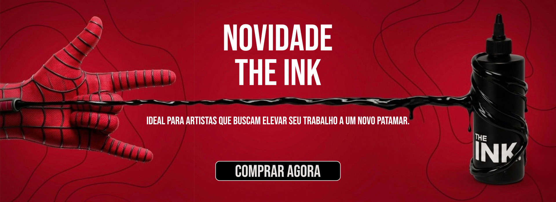 The Ink tattoo ink bottle with red background and artistic hand gesture.